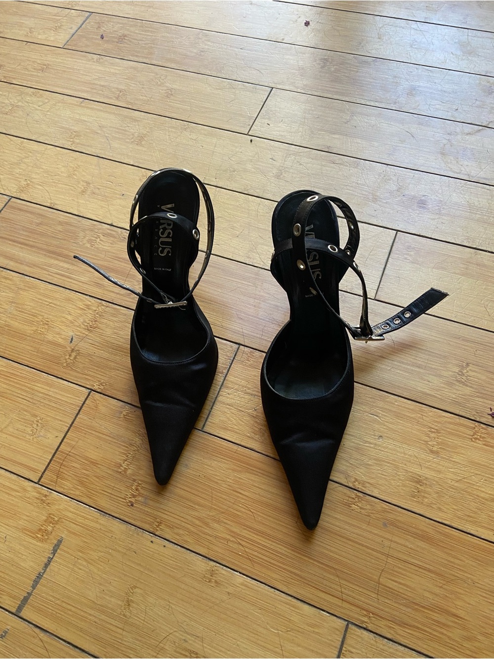 Versus Versace Black Pointed-Toe Ankle-Strap Heels with Eyelet Detail